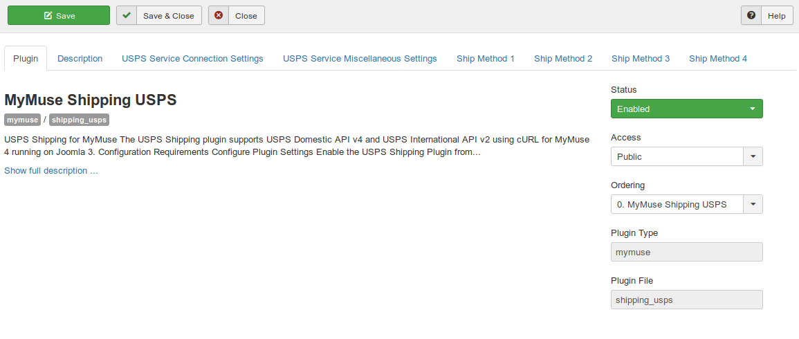 Plugins MyMuse Shipping USPS   Plugin   Administration