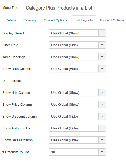 Category products in a list list options