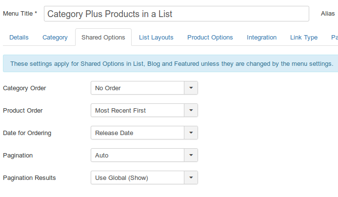 Category products in a list shared options